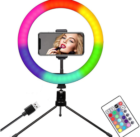 Ultra Bright Multi-Color 10" LED Ring Light with Phone Holder and Table Top Tripod