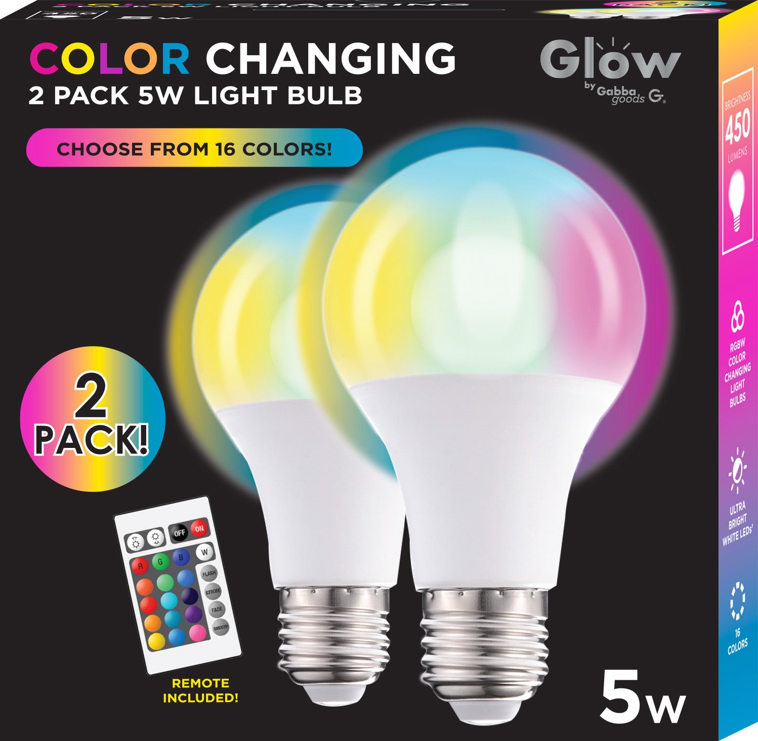 2-Pack Glow by GabbaGoods LED Multi-Color RGB Light Bulbs with Remote - 5 Watt