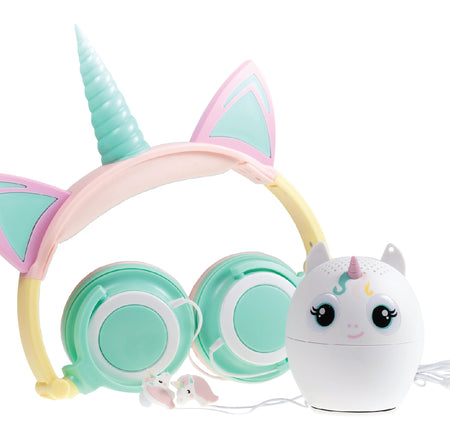 Unicorn 3-Piece Audio Gift Set- Light-up Headphone, Bluetooth Speaker, &  Earbuds